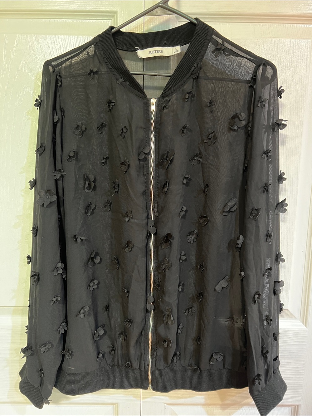 JustFab Black Sheer Floral Applique Bomber Jacket - Mesh Zip Front